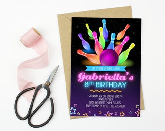 Bowling Party Invitation, Glow Bowling Birthday Invite, Neon Rainbow Girl Invitation, Glowing Neon Strike Bowling Ball Pins Invitation