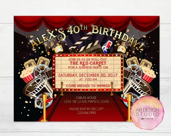 Movie Theme Hollywood Birthday Party Invitation - Cinema, Theater, Printable Digital Invites