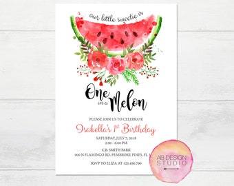 Watermelon Invitation - One in a Melon Invitation -Watermelon Birthday Invitation -Watermelon Party -Melon Birthday Invitation -1st Birthday