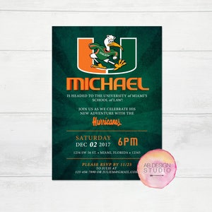 Miami Hurricanes Party Invitation, University of Miami Acceptance Invite, UM Canes Graduation Announcement, 2023 UM Grad Announcement Card image 1