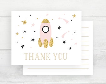 Space Thank You Card, Pink Rocket Card, Space Theme A2 Thank You Card, Outer Space Baby Shower Thank You / Greeting Card, To The Moon Shower