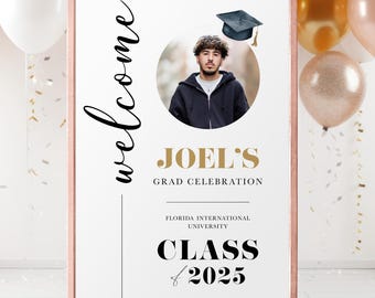 Letrero de bienvenida de graduación, Clase de 2025, Tablero para fiesta de graduación, Letrero de celebración de graduación, Decoración para fiesta, Plantilla personalizada de graduación, Birrete de graduación, Universidad