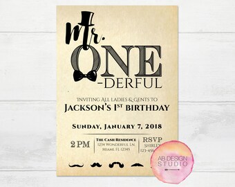 Mr ONE-derful Birthday Invitation, Mr. Onederful Party Invite, Mr. Wonderful 1st Birthday, Mr. ONE-derful First Birthday, Little Man Invite