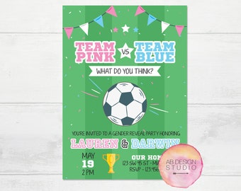 Inbjudan till fotbollsavslöjande för fotboll, rosa eller blått lag, könsavslöjande för sport, fotboll, babyshower, fotboll, fotboll