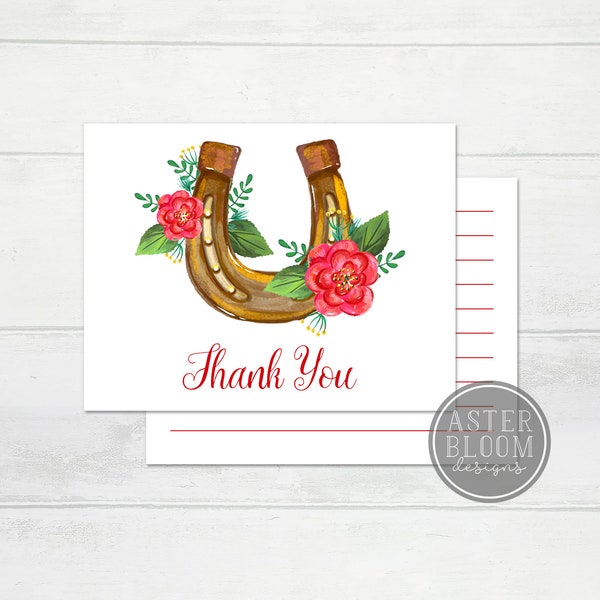 Kentucky Derby Thank You Card, Lucky in Love Shower Card, Horse Shoe A2 Thank You Card, Bridal Shower Party Thank You / Greeting Card