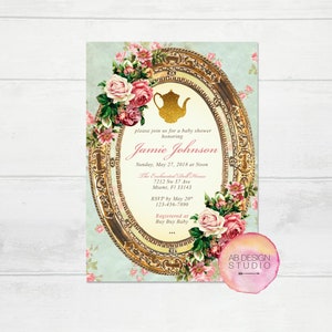 Shabby Baby Shower Invitation High Tea Invites Baby Shower Tea Party Vintage Floral Invitations Shabby Chic Baby in Bloom Marie Antoinette image 1