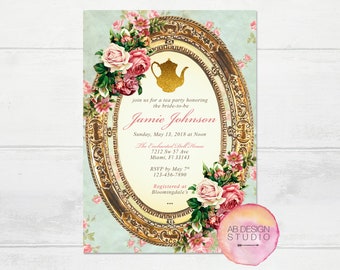 Könnte beinhalten: Eine goldgerahmte Einladung mit floralem Design und einer Teekannen-Illustration. Der Text lautet "join us for a tea party honoring the bride-to-be Jamie Johnson Sunday, May 13, 2018 at Noon The Enchanted Doll House 7212 Sw 57 Ave Miami, Fl 33143 RSVP by May 7 123-456-7890 Registered at Bloomingdale's"