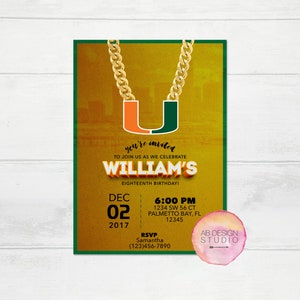 Miami Hurricanes Party Invitation, University of Miami Acceptance Invite, UM Canes Graduation or Birthday Digital Printable Invitation