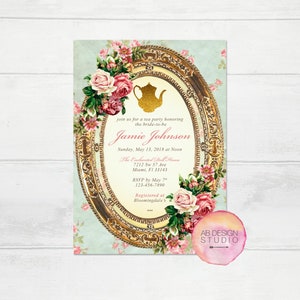 Bridal Shower Invitation - Vintage Tea Party Invite - High Tea Baby Shower Invitation - Shabby Chic Birthday - Floral Rustic Invite