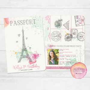 Paris Birthday Party Invite Passport Invitation Parisian Theme Paris Bridal Shower Card French Inspired Invitations Travel Sweet 16 Invites image 1