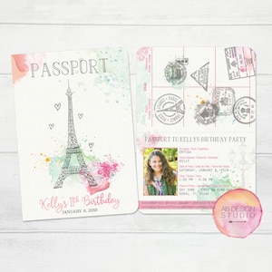 Paris Birthday Party Invite Passport Invitation Parisian Theme Paris Bridal Shower Card French Inspired Invitations Travel Sweet 16 Invites image 1