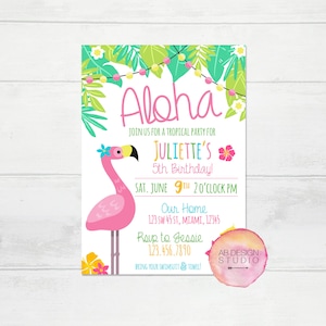 Aloha Tropical Invitation Flamingo Birthday Invitation Tropical String Lights Invitation Hawaiian Luau Invite Pool Party Invitation image 1