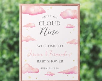 Cloud Nine Baby Shower Welcome Sign Pink Clouds Baby Shower Signs Cloud 9 Poster Clouds Pink Party Theme Template