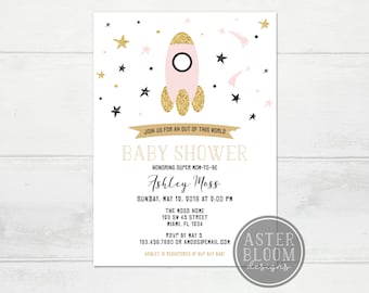 Space Baby Shower Invitation Pink Girl Space Themed Invitation Over the Moon Baby Shower Invitation Spaceship Invitation Shower by Mail