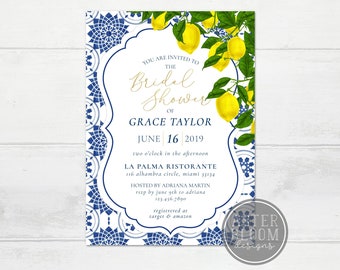 Lemon Bridal Shower Invitation, Moroccan Blue Tile Invitation, Spanish Tile Bridal Invitation, Tuscan Lemon Invite, Limoncello Invitation