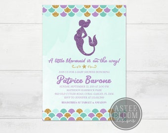 Mermaid Baby Shower Invitation, Pregnant Mermaid Invitation, Under the Sea Fish Baby Shower Little Mermaid Invitation Purple Teal Mermaid