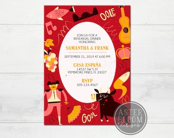 Rehearsal Dinner Invitation, Paella Party Invitation, Spain Invite, Tapas y Tintos Spanish Invitation, Madrid Matador Bull Dinner Invite