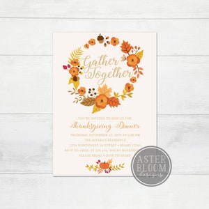 Thanksgiving Dinner Wreath Invitation, Gather Together Invite, Friendsgiving Invitation, Thanksgiving Potluck image 1