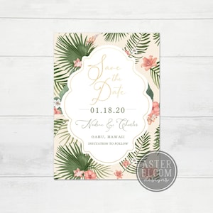 Tropisch Hawaii Save the Date Ziel Hochzeitseinladung Strandhochzeit STD Karten Luau laden Tropisches Sommerthema Party Vorlage ein