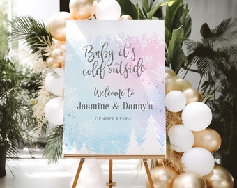 Winter Gender Reveal Welcome Sign Template Baby its Cold Outside Baby Boy Instant Download Printable Christmas Baby Shower Poster Signs