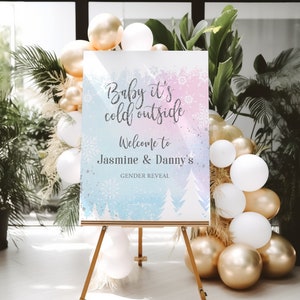 Plantilla de letrero de bienvenida para revelación de género de invierno Bebé hace frío afuera Bebé niño Descarga instantánea Letreros de póster para baby shower navideño imprimibles
