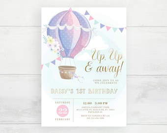 Up, Up and Away First Birthday Invitation Hot Air Balloon Invite Travel Adventure Theme Birthday Invitations Adventure Awaits Birthday Party