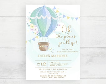 Hete lucht ballon baby shower uitnodiging, oh de plaatsen die hij zal uitnodigen, up and away baby shower, reizen thema baby shower bewerkbare uitnodiging