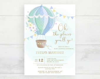 Hot Air Balloon Baby Shower Invitation, Oh the Places He'll Go Invite, Up and Away Baby Shower, Travel Theme Baby Shower Editable Invitation