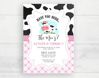 Cow Birthday Invitation, Pink Farm Invite, Cow Print Party Template, Barnyard 1st Birthday, Girl Cow Party, Farm Animals Invitations