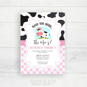 Cow Birthday Invitation, Pink Farm Invite, Cow Print Party Template, Barnyard 1st Birthday, Girl Cow Party, Farm Animals Invitations
