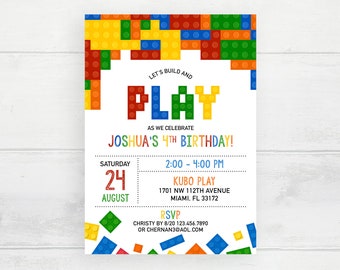 Colorful Brick Invitation Building Blocks Birthday Invite Stacked Blocks Invites Building Bricks Party Block Party Construction Blocks Party