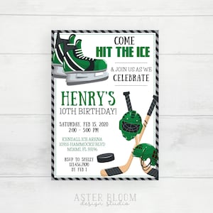 Hockey Birthday Invitation Skating Invitation Green Hockey Skates Editable Corjl Invite Hockey Puck Invite Instant Download Ice Skate Party