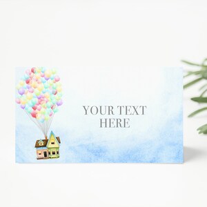 May include: A blue watercolor background with a house and balloons. The house is yellow with brown trim and a green door. The balloons are multi-colored and are tied to the house. The text "YOUR TEXT HERE" is written in gray on the background.