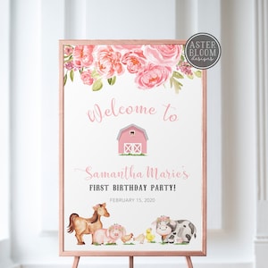 Letrero de bienvenida para el granero Cartel de bienvenida con animales de granja de niña rosa Letrero de bienvenida para cumpleaños en el granero Carteles imprimibles para baby shower en el granero Fiesta en el granero