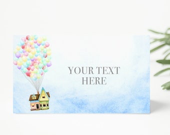 Mall för UP House-mattältkort, babyshower, födelsedagsfest, placeringskort, redigerbara matetiketter, vikta bufféetiketter, UP-tema, inflyttningsfest