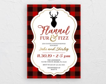 May include: A couples shower invitation with a red and black plaid pattern. The invitation features a white, ornate frame with the words "Flannel Fur & Fizz" and a deer silhouette. The names "Jake and Shirley" are also included.