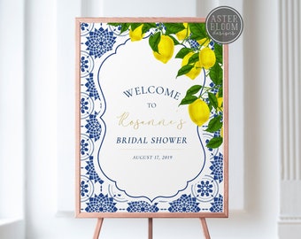 Lemon Bridal Shower Welcome Sign, Moroccan Blue Tile Welcome Poster, Spanish Tile Bridal Sign, Tuscan Lemon Entrance Sign, Limoncello Shower