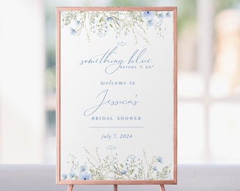Etwas Blaues Willkommen Schild Vorlage Bevor ich die Brautdusche drucke Sofortiger Download Dusty Blau Wildblumen Hochzeit Poster Party Poster