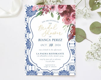 Mediterranean Bridal Shower Invitation Blue Tile Bougainvillea Invite Santorini Italian Burgundy Wedding Editable Card Blue Tiles Engagement