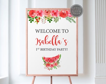 Watermelon Party Welcome Sign - One in a Melon Welcome Sign - Melon Birthday Welcome Poster - Spring Watermelon Floral Entrance Sign
