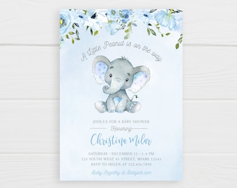 Elephant Baby Shower Invitation Little Peanut Invite Blue Elephant Boy Baby Shower Editable Invitations Safari Template Jungle Invitation