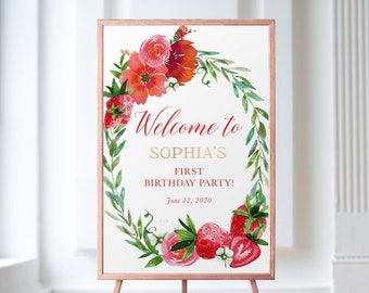 Strawberry Welcome Sign Fruit Floral Welcome Poster Strawberry Shortcake Birthday Welcome Sign Printable Berry Sweet Baby Shower Posters