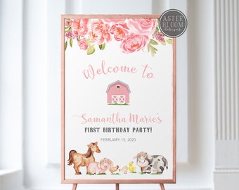 Barnyard Welcome Sign Pink Girl Farm Animals Welcome Poster Barn Yard Birthday Welcome Sign Printable Barn Baby Shower Posters Barn Party