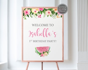 Pink Watermelon Welcome Sign, One in a Melon Party Welcome Sign, Pink Melon Birthday Welcome Poster, Summer Watermelon Floral Entrance Sign