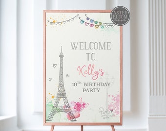 Signe de bienvenue de fête d'anniversaire de Paris, signe de thème de Paris, affiche de bienvenue de tour Eiffel, signe français parisien de bienvenue d'anniversaire, signes de partie de Tween