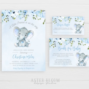 May include: Blue and white baby shower invitation with a cute cartoon elephant and floral design. The invitation says "A Little Peanut is on the way" and includes the text "Join us for a baby shower honoring Christina Milor".