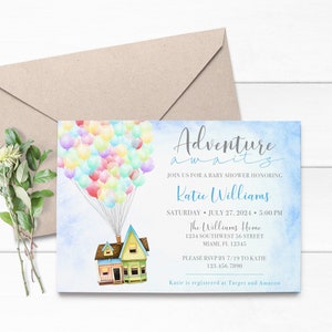 UP Adventure Awaits Baby Shower Invite UP Movie Theme Party Invitation Balloon House Baby Shower Digital Printable Invitation Up Up & Away