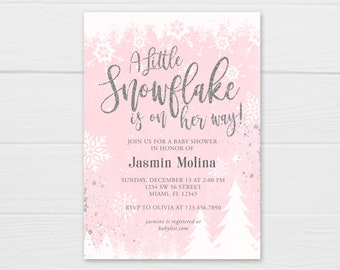 Winter Baby Shower Invitation Pink Silver Snowflake Editable Template Christmas Drive-By Baby Sprinkle Blush Little Snowflake Invite