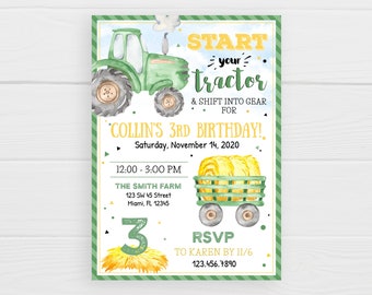 Tractor Birthday Invitation Editable Green Tractor Boy Invite Farm Printable Invitations Personalized Barnyard Tractor Birthday Party Invite