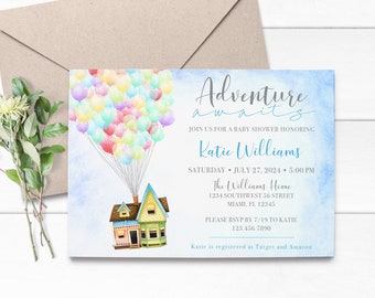UP avontuur wacht op babyshower uitnodiging UP filmthema feestuitnodiging ballonhuis babyshower digitale afdrukbare uitnodiging Up Up & Away